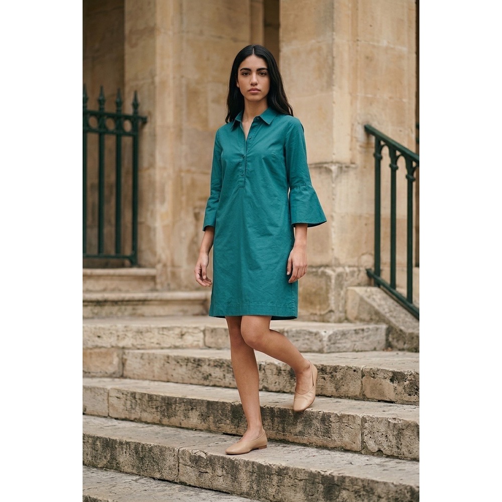 Lafayette 148 New York Teal Green Bell Sleeve Cotton Shift Dress Womens Large